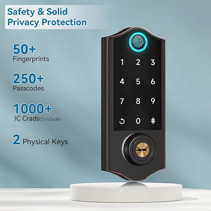 Fingerprint Smart Door Lock for Front Door with Handle Set, App Control, Keyless Entry Keyless Deadbolt, Digital Electronic Touchscreen Keypad, Auto Lock, Aged Bronze