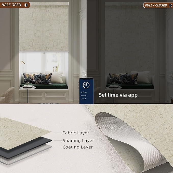 Motorized Blinds Roller Shade with Remote: Canisteo Automatic Smart Blind for Windows 100% Blackout, Electric Blinds Compatible with Alexa/Google Home/Apple Homekit, Customized Size, Linen Stone