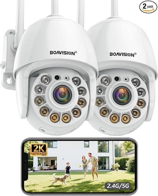 BOAVISION 2K Security Camera Outdoor, 2Pack Wireless WiFi IP Camera Home Security System 360° View,AI HumanTracking,Two Way Talk, pan Tile Full Color Night Vision,2.4G&5G WiFi