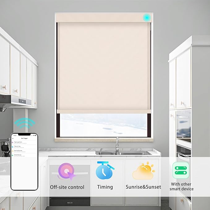 Changshade Smart Roller Shade with Remote Control Light Filtering Automatic Window Shades for Home Custom Size Motorized Blinds for Windows Compatible with Alexa,Google Home,Apple Homekit, Beige