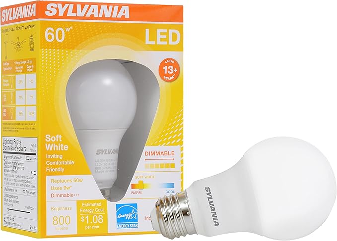 Sylvania A19 LED Light Bulb, 9W, 60W Equivalent, 13 Years, Dimmable, 800 Lumens, 2700K, Soft White - 1 Pack (74687)