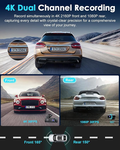 ORSKEY 4K Dash Cam Front and Rear, STARVIS 2 Sensor, 64GB SD Card Included,4K 2160P/FHD Car Dash Cam,Dash Camera for Cars with 5GHz Wi-Fi GPS, 2.45" IPS, WDR Night Vision, 24H Parking Mode