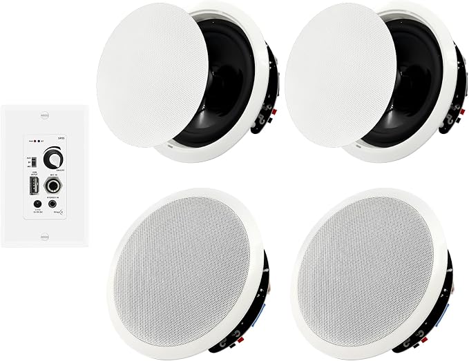 6.5'' Bluetooth in Ceiling Speakers with Wall Amplifier Receiver 600W Flush Mount Ceiling & in-Wall Speaker System for Home Theater Office Bathroom Living Room Kitchen(2Pairs)
