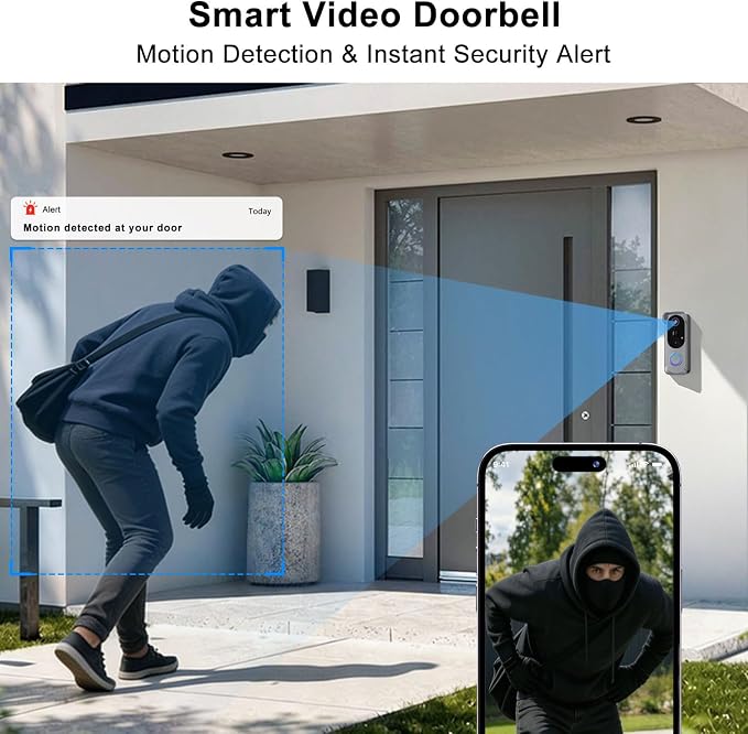 Doorbell Camera Wireless No subscription Required, 2K HD Battery Powered Smart Video door bell Camera with Chime, Wide Angle, Motion Alerts&Two‑Way Talk, Night Vision, Works with Alexa ,2.4G WIFI Only