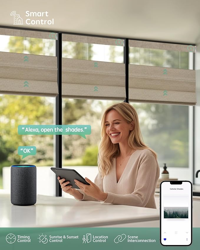 Yoolax Smart Top Down Bottom Up Roman Shades, Motorized Roman Shades with Remote, Blackout Smart Blinds Work with Alexa, Google Home, Apple Homekit for Living Room Bedroom, Customized (Caramel Gold)