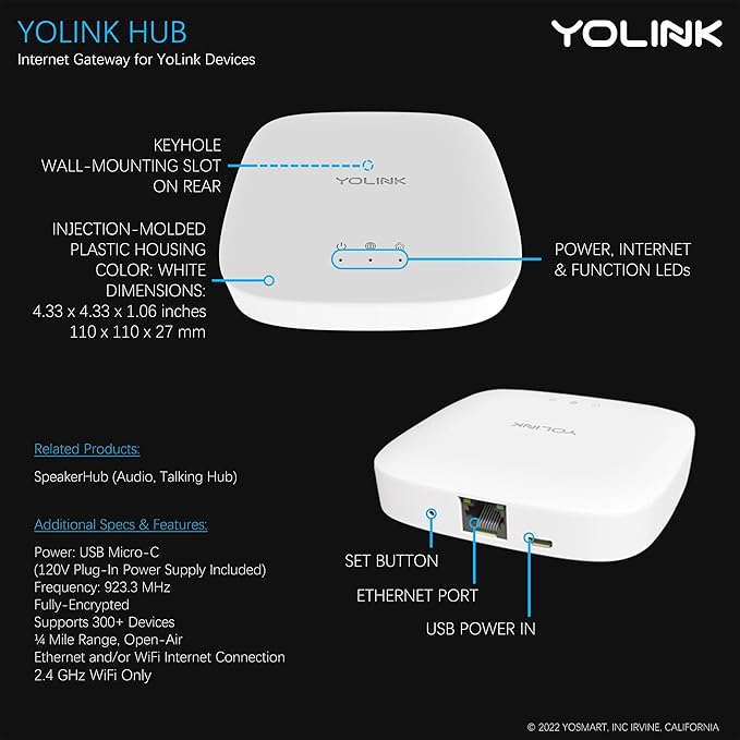 YoLink Hub, 1/4 Mile Super Long Range Smart Hub LoRa Enabled Smart Home Automation Bridge Home Security Monitoring System - Central Controller for YoLink Smart Home Devices - White