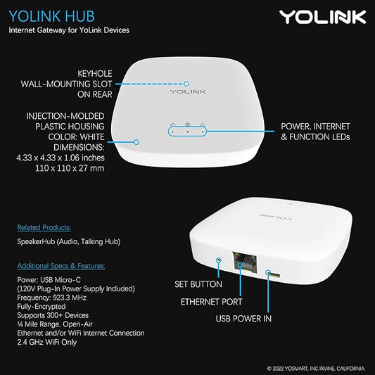 YoLink Hub, 1/4 Mile Super Long Range Smart Hub LoRa Enabled Smart Home Automation Bridge Home Security Monitoring System - Central Controller for YoLink Smart Home Devices - White