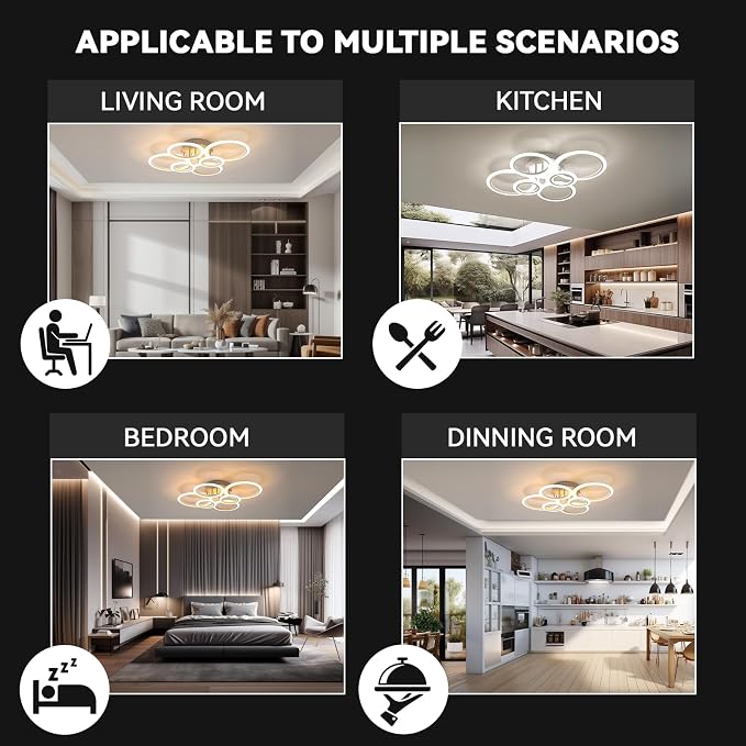 72W 6 Ring LED Ceiling Light Dimmable for Living Bedroom Kitchen | Smart App & Remote Control, 2800K-7000K Adjustable, Modern Flush Mount Ceiling Lamp for Multi-scene Indoor