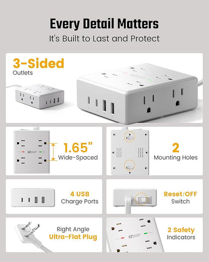 Flat Plug Surge Protector Power Strip, 6ft Ultra Thin Extension Cord with 4 USB (2 USB C Port), 8 Outlets Desk Charging Station, Wall Mountable Outlet Extender for Home Office, College Dorm Room