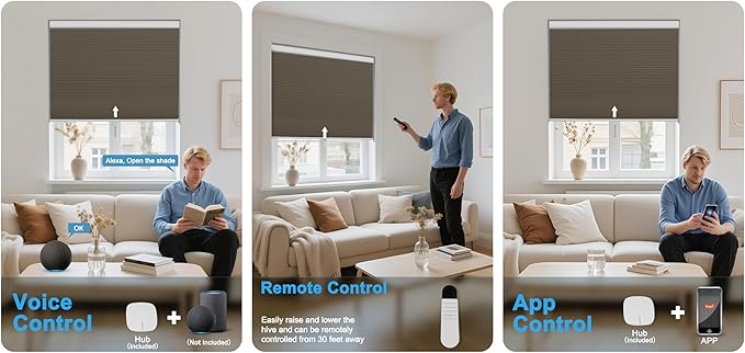 BERISSA Motorized Cellular Shades, Blackout Smart Honeycomb Blinds with Remote Control & Hub, Custom Room Darkening Automatic Cellular Window Blinds for Home Office, Living Room, Door,Brown