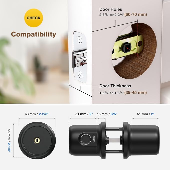 ThorBolt G1 Fingerprint Door Knob Lock with Keypad, Black | 4x AAA Alkaline Batteries, Biometric, Electric, Auto-Lock, for Bedroom, Garage, Office, Pantry Door, Interior Door Lock