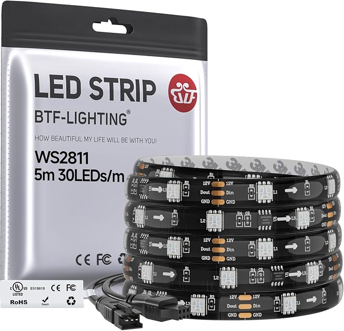 BTF-LIGHTING WS2811 Addressable RGB LED Strip 16.4FT 150LED DC12V IP65 | 50Pixels IC=RGB+IC UL Listed Black PCB Flexible Chasing Effect for Indoor Home Decor,3M Tape(No Adapter or Controller)