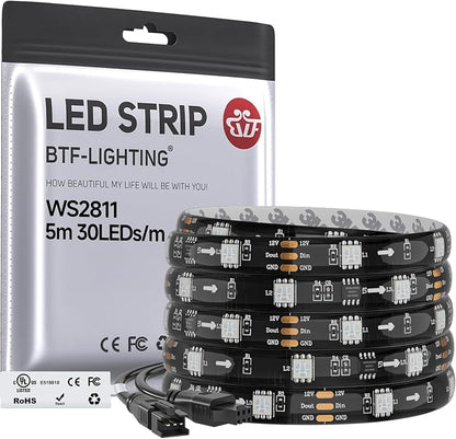 BTF-LIGHTING WS2811 Addressable RGB LED Strip 16.4FT 150LED DC12V IP65 | 50Pixels IC=RGB+IC UL Listed Black PCB Flexible Chasing Effect for Indoor Home Decor,3M Tape(No Adapter or Controller)