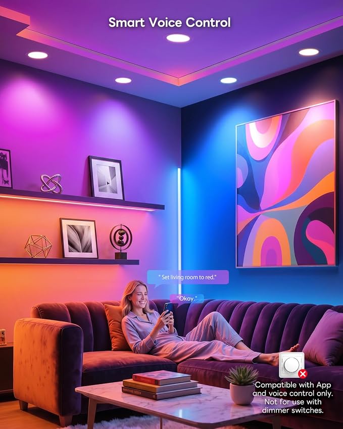 LED Recessed Lighting 6 Inch, Color Changing Smart Canless Recessed Lights | 16 Millions RGBCW Colors, 16W 1500LM Downlight, Compatible with Alexa, Voice & App Control with Junction Box, 6Pack