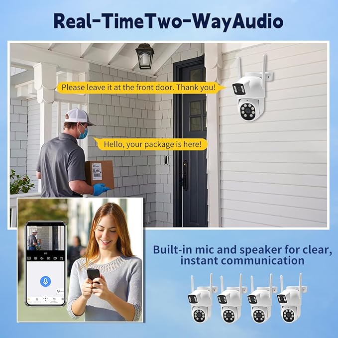 Dual-Lens Wireless Security Camera Outdoor, 2K HD 6MP View, Indoor WiFi Connection, Smart Night Vision, Ai Motion Detection and Tracking, Light and Siren Alarm, 64G SD Card (Included)