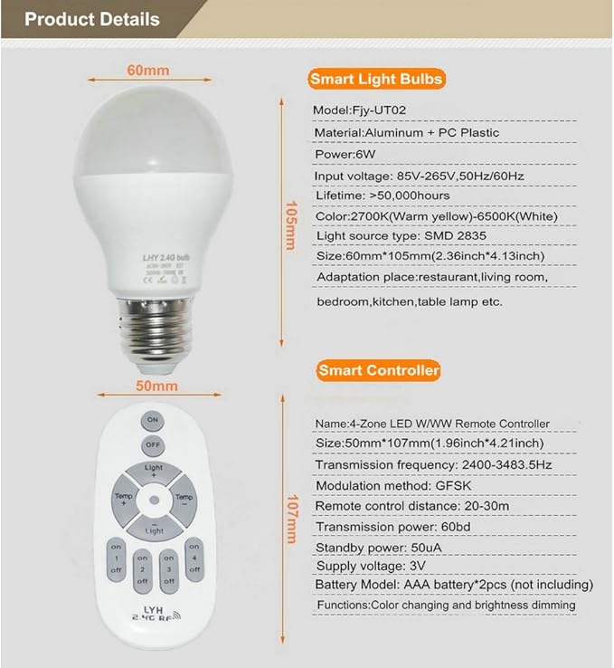 6W E27 Smart LED Light Bulbs Dimmable with 2.4GHz Wireless 3-Zone Remote Control - Adjustable Color Temperature (Warm/Cool) and Brightness 3 Pack (3 Bulb+1 Remote)