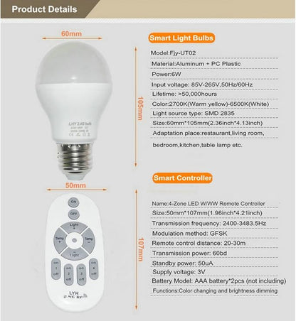 6W E27 Smart LED Light Bulbs Dimmable with 2.4GHz Wireless 3-Zone Remote Control - Adjustable Color Temperature (Warm/Cool) and Brightness 3 Pack (3 Bulb+1 Remote)