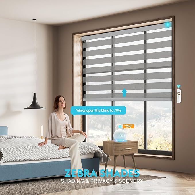 Motorized Zebra Blinds with Remote, Work with HomeKit Alexa, Smart Light Filtering Horizontal Automatic Electric Window Shades for Home Office Customsize(50% Blackout Drumbeat Grey)