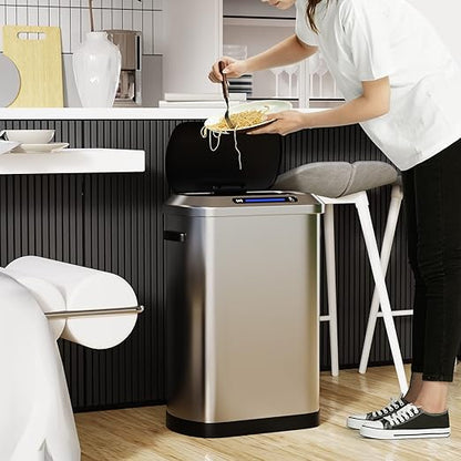 pouseayar Smart Automatic Trash Can with Lid 13 Gallon, Stainless Steel Thickened Body & Super Mute Sensor Lid with 30 Count Garbage Bags for Kitchen Office Bedroom Waste Bin and More - Silver