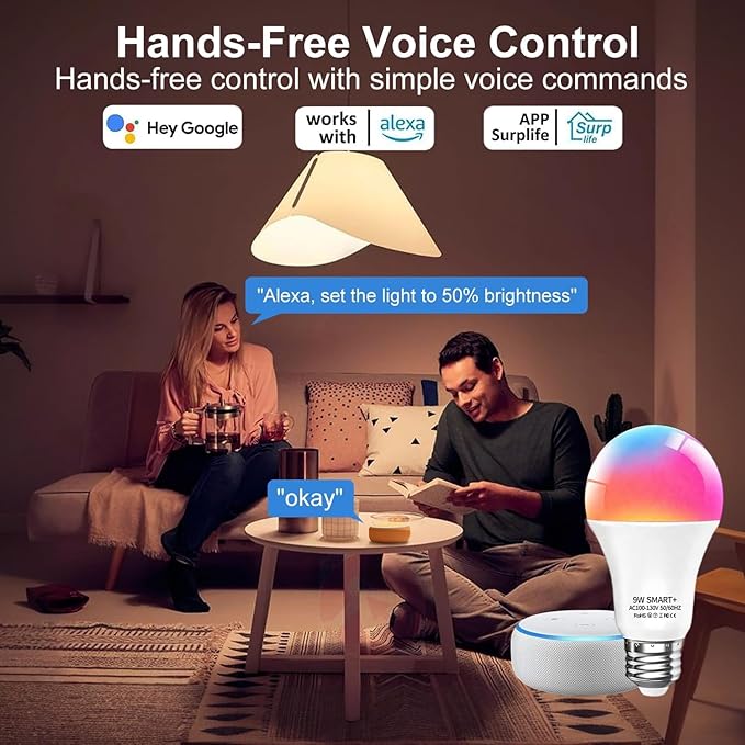 luckystyle Smart Light Bulbs, 9W A19 E26 800LM WiFi Bluetooth LED Bulbs Compatible with Alexa, Google Assistant & Home, 16 Million Colors Music Sync Color Changing Dimmable RGBWW Lights Bulb (2)