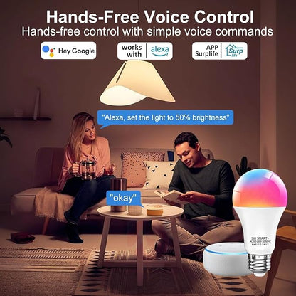 luckystyle Smart Light Bulbs, 9W A19 E26 800LM WiFi Bluetooth LED Bulbs Compatible with Alexa, Google Assistant & Home, 16 Million Colors Music Sync Color Changing Dimmable RGBWW Lights Bulb (6)