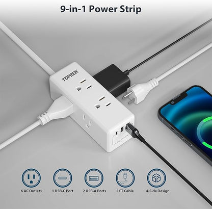 2 Prong Power Strip, TOPREK 2 Prong to 3 Prong Outlet Adapter, 1440J 2 Prong Surge Protector with 6 Outlets & 3 USB, 5FT 2 Prong Extension Cord with Swiveling Flat Plug, Ideal for Non-Grounded Outlet