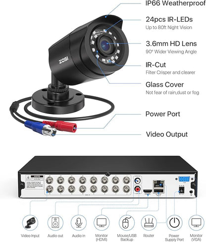 ZOSI 3K Lite 16 Channel Security Camera System with AI Human/Vehicle Detection, 16pcs 2MP Wired Indoor Outdoor CCTV Cameras, Night Vision, 16CH DVR with 2TB HDD for 24/7 Recording, No Monthly Fees