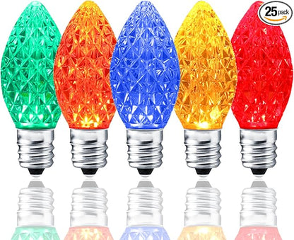 25 Pack C7 LED Replacement Bulbs- Multicolor Bulbs Dimmable for Christmas Outdoor Indoor String Lights, IP65 Waterproof Multicolor LED Night Light Bulbs, 0.72 Watts, C7/E12 Candelabra Base