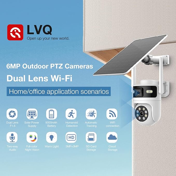 6MP Dual Lens Solar Security Cameras Wireless Outdoor, AOV 24/7 Recording Cameras for Home Security with 360° View, APP Alarm, Auto Tracking, Night Vision, Dual-Band WiFi, IP65, 8W Solar Panel