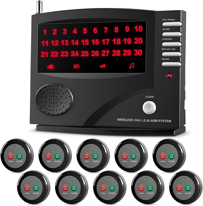 Nurse Call System Caregiver Pager Call System with 10 Dual Feature Call Buttons and 1 Central Monitoring Unit Clinic Care Restaurant Assisted Living Nursing Customers Patients Residents