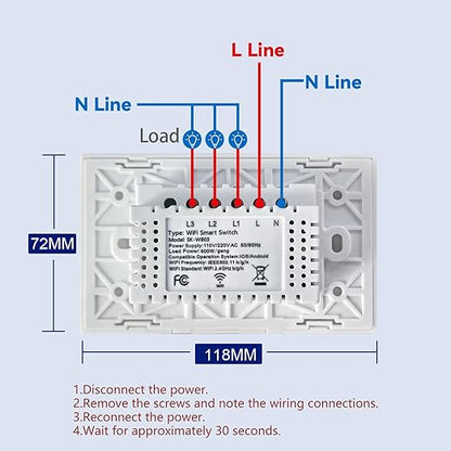 WiFi Smart Light Switch 4.65 X 2.83 X 1.34 Inches,3-Button,2.4GHz Wi-Fi Touch Switch,Neutral Wire Required,Work with Smart Life/Tuya App and Alexa,White