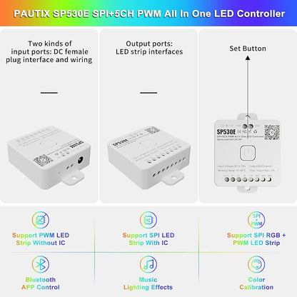 PAUTIX SP530E WiFi Bluetooth LED Controller Alexa/Google 12-in-1 LED Dimmer Support PWM/SPI Single Color CCT RGB RGBW RGBCCT IC LED Strip WS2811 WS2812,for COB/5050 2835 LED Strip Lights DC5V 12V 24V