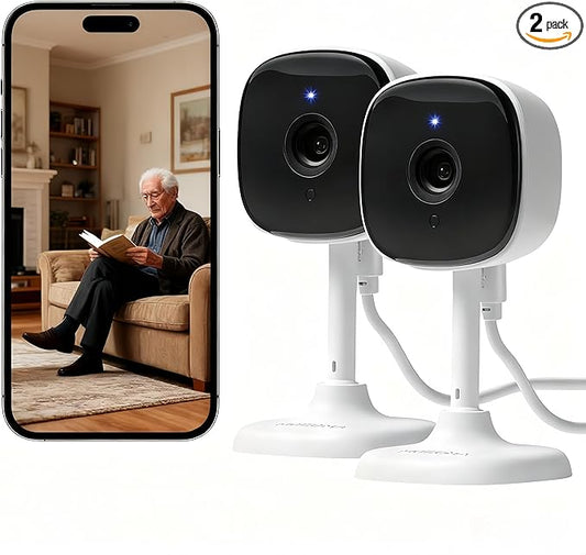 AMOROM 2 Pack 1080P Indoor Wired Security Cameras, Home Indoor Cameras for Dog/Cat/Pet/Nanny/Baby/Elderly, Motion Detection, Night Vision, Smoke Siren, 24/7 Recordings, 2.4GHz Wi-Fi