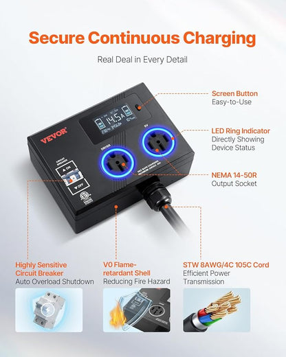 VEVOR NEMA Splitter for Dryer and EV, 3-Color LED Indicator, 240V Smart Power Distribution, with NEMA 14-50 Plug, Two NEMA 14-50 Outlets, 3.4 in LCD Screen, Max 40A Dryer EV, Tested to ETL Standard