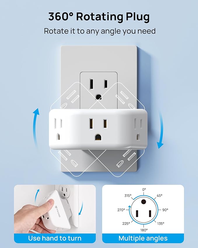 TROND 360 Rotating Plug Outlet Extender for Bathroom, 2 Pack | 3AC Wall Outlet Adapter, No Blocking with 3 Way Angled Design, Small Multiple Plug Splitter for Kitchen Cruise Ship, White