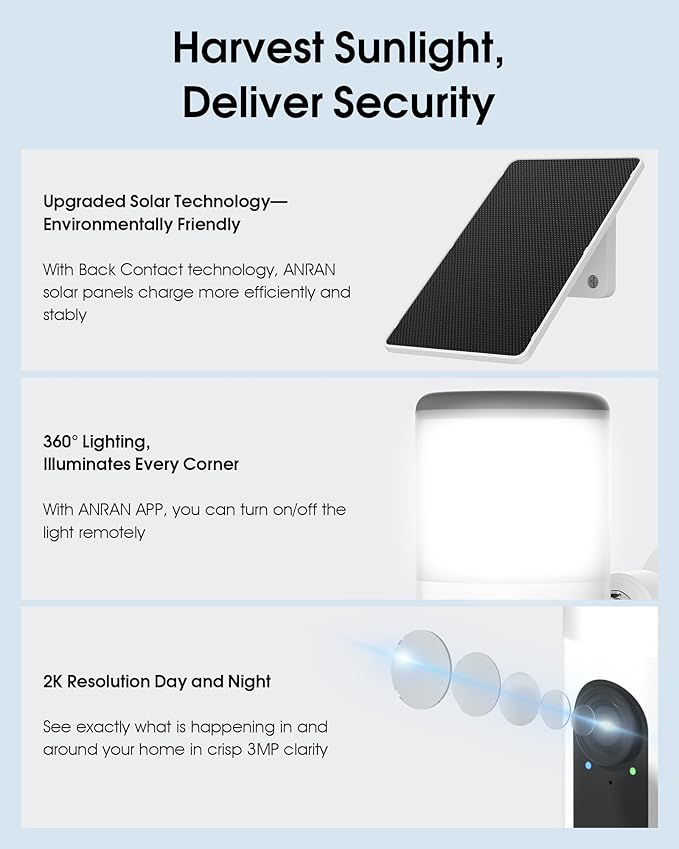 ANRAN Solar Security Cameras Wireless Outdoor with Light,2K Porch Floodlight Camera with Color Night Vision & AI Motion Detection,2-Way Talk Spotlight Siren Alarm,Compatible with Alexa,2PCS