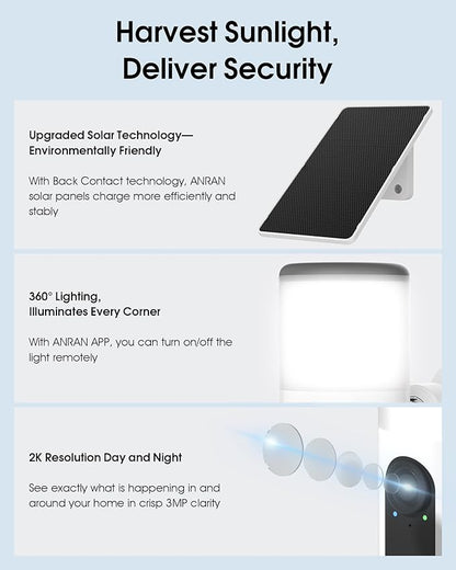 ANRAN Solar Security Cameras Wireless Outdoor with Light,2K Porch Floodlight Camera with Color Night Vision & AI Motion Detection,2-Way Talk Spotlight Siren Alarm,Compatible with Alexa,2PCS