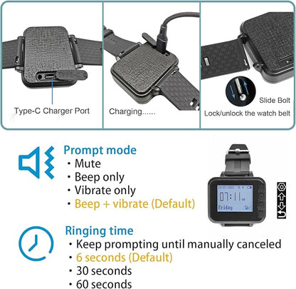Wireless Waiter Calling System for Restaurant Fast Food Cafe 20 Table Button Features Call/Bill/Cancel Functions 1 Vibration + Buzzer + Light Alert Wrist Watch Pagers with Type-C Port