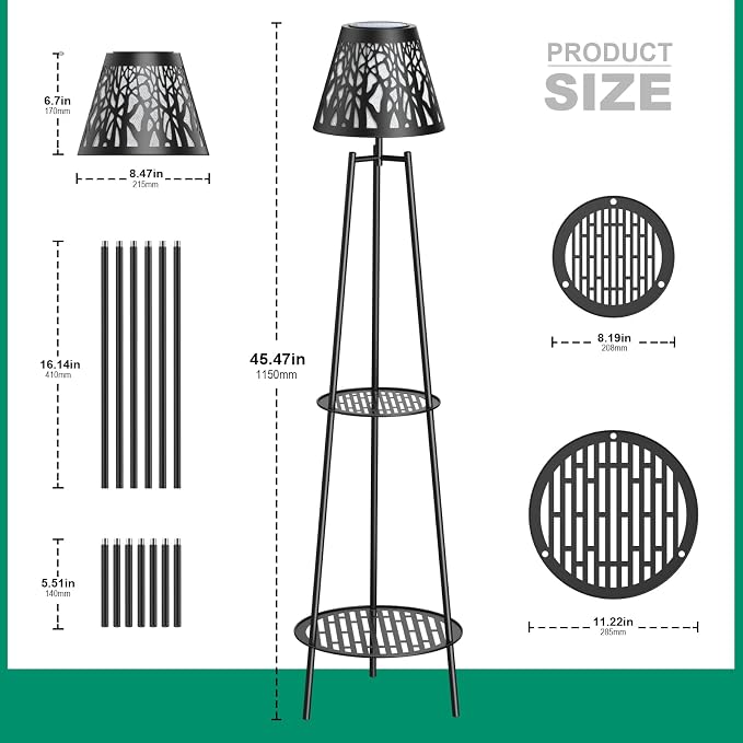MXwcy 2-Tier Solar Plant Stand with Light, Outdoor Waterproof Floor Lamp with Tree Branch Cutout Lampshade, Tall Metal Planter Holder Display Rack for Patio, Porch, Garden, Balcony Decor (2 Pack)