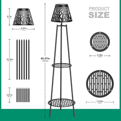 MXwcy 2-Tier Solar Plant Stand with Light, Outdoor Waterproof Floor Lamp with Tree Branch Cutout Lampshade, Tall Metal Planter Holder Display Rack for Patio, Porch, Garden, Balcony Decor (2 Pack)