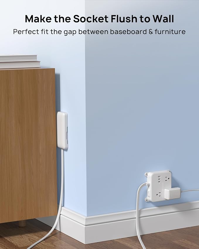 TROND Flat Power Strip with Outlet Concealer with 3 Widely Spaced AC Outlet | 10FT Long Extension Cord 3 USB Charger(2 USB C Ports), Wall Mount Power Strip, Compact for Nightstand Couches Home Essentials
