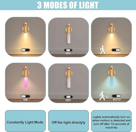LANDGOO Wireless Wall Sconces Set of 2, RGB Motion Sensor Lights Indoor, Rechargeable LED Night Lights with Wood Design for Bedroom/Closet/Stairs