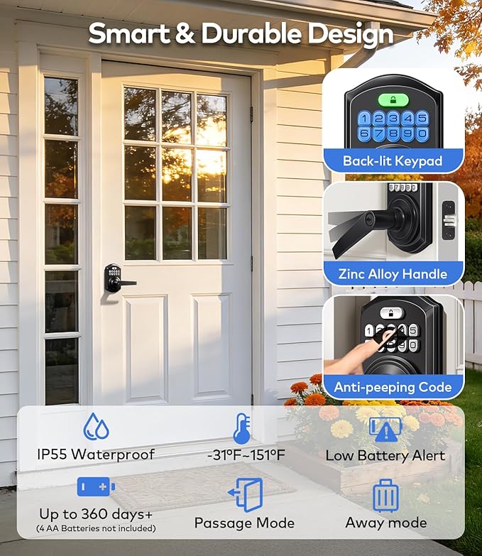 TEEHO TE019 Smart Keypad Door Lock with Handle, App Control, Keyless Entry Electronic Lock, Remote One-Time Codes, Auto Lock, Passage Mode, for Bedroom, Interior Door & Rental, Matte Black
