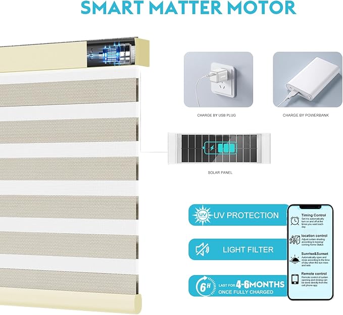 Motorized Zebra Blinds with Remote, Work with HomeKit Alexa, Smart Light Filtering Horizontal Automatic Electric Window Shades for Home Office Customsize(50% Blackout Drumbeat Light Coffee)