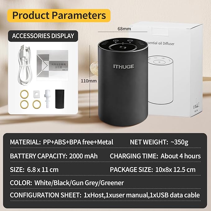 Waterless Essential Oil Diffuser, Portable Nebulizer with 3 Intensity Levels, Battery Powered for Car Home Office (White)