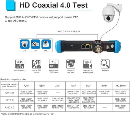 EVERSECU 7 Inch Touch Screen CCTV Tester Supports Up to 8K IP Camera & 8.0 Megapixel HD & CVBS Analog Camera, TDR Cable Test, Built in Wi-Fi, Video Level Meter, POE/DC Power Output