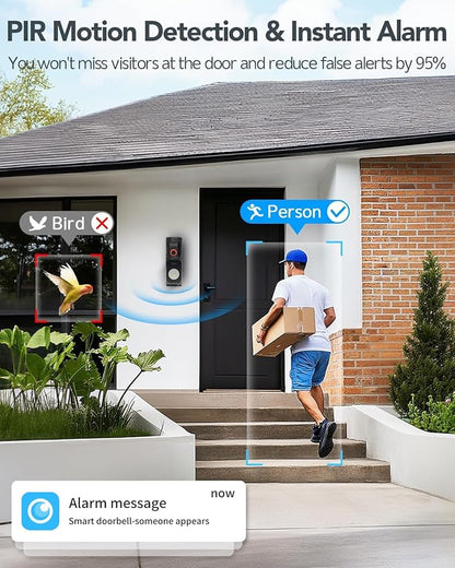 Doorbell Camera Wireless-Head PTZ Rotated 60°View, 2.4G WiFi Security Video Doorbell with Chime,Battery Powered,2K Full HD & Night Vision with Two-Way Talk, Smart Human Detection