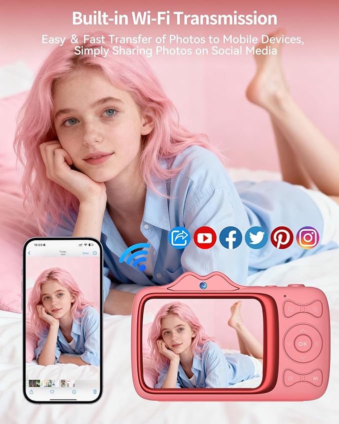 Digital Camera,4K 64MP Autofocus Vlogging Camera with Dual Lens,18X Zoom/WiFi/32GB Card/,Point and Shoot Cameras for Boys Girls Gifts (XJ700-Pink)