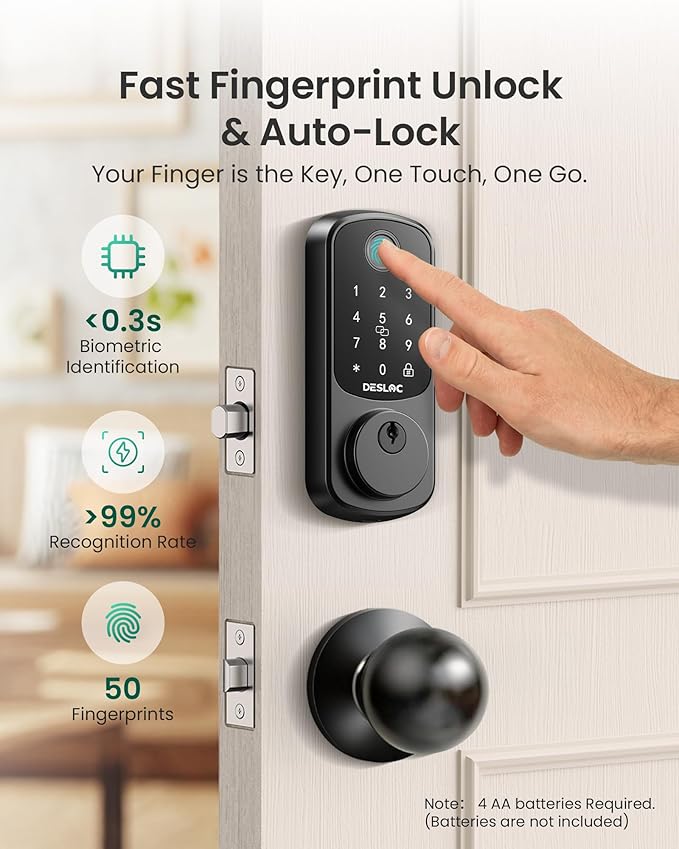 DESLOC B200 Fingerprint Smart Lock with 2 Knobs, Keyless Entry Front Door Lock Set, Electronic Keypad Deadbolt, App Control, Auto Lock, Long Battery Life,Matte Black