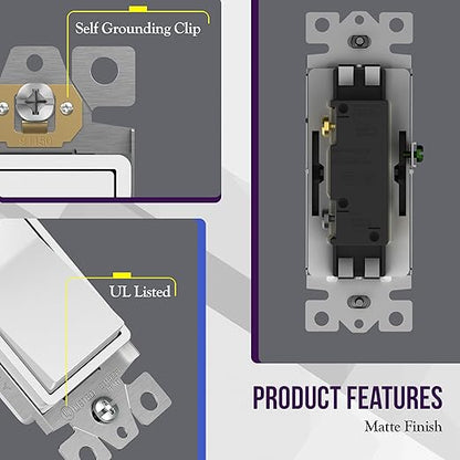 ENERLITES Matte White Light Switch with Screwless Wall Plate, Decorator Paddle Rocker Wall Switch, Single Pole, Grounding Screw, Residential Grade, 15A 120V/277V, UL Listed, 91150-MW-10PCS (10 Pack)